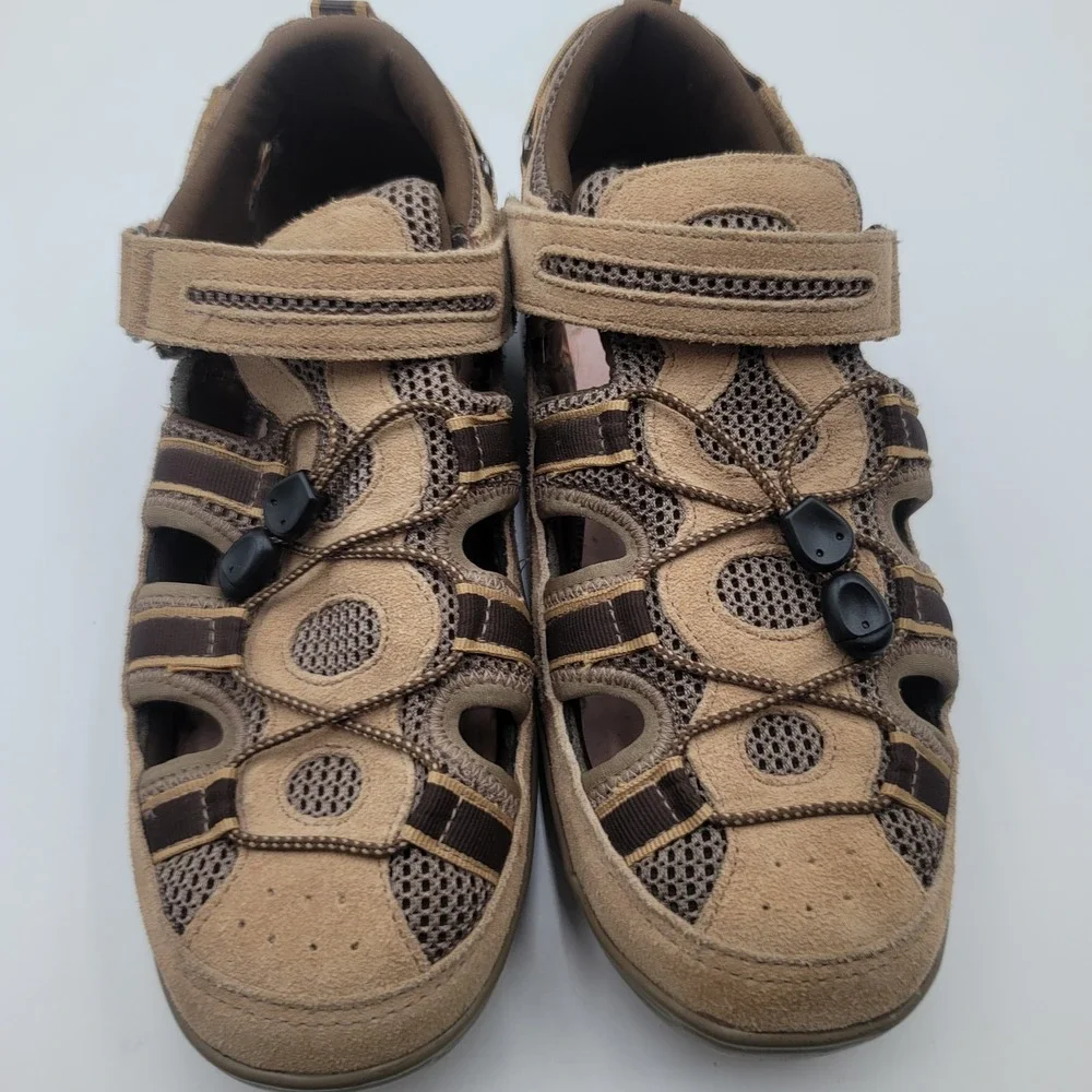 Orthofeet 77873 Womens 11‎ Wide Tan Leather Mesh Fisherman Sandals Bungee Strap